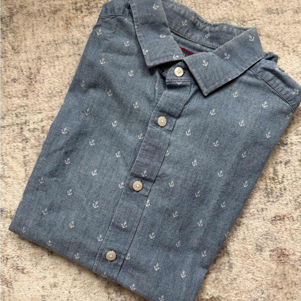 UNTUCKit Blue Anchor Print Cotton Button Up Polo M
